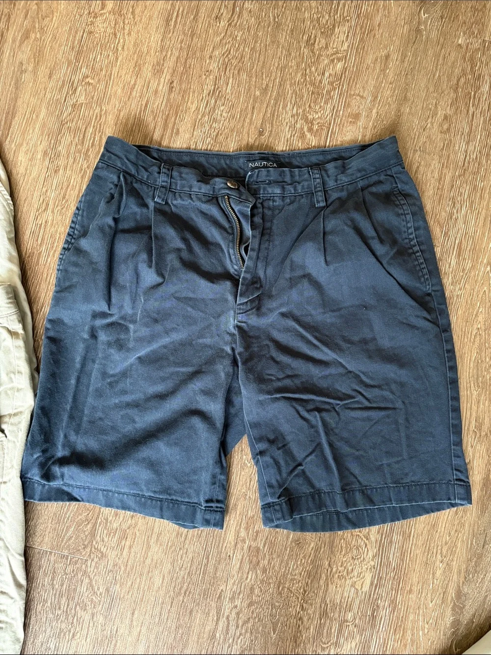 Nautica Beige and Navy Flat-Front Cotton Shorts